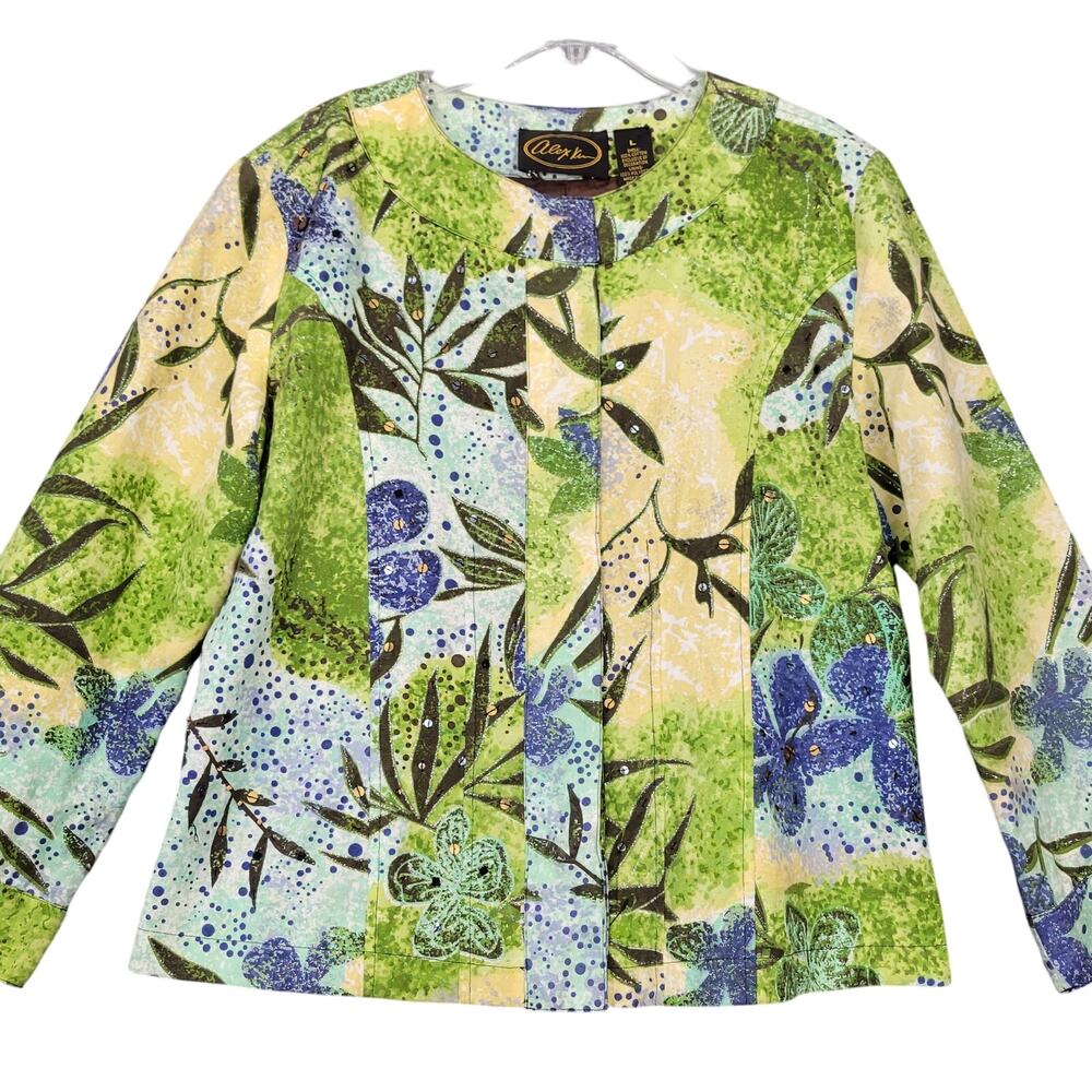 Alex Kim Blue Yellow Floral Lightweight Jacket Long Sleeve Sequins Snaps Women L